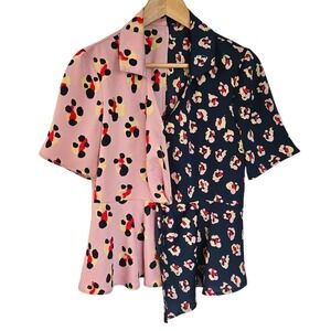 BCBGeneration Pink Navy Colourblock Satin Twist Front‎ Short Sleeve Blouse Small